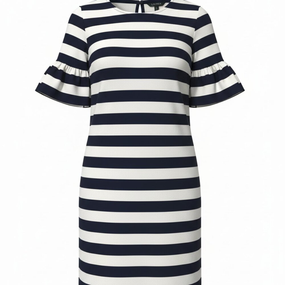 Lauren Ralph Lauren Navy White Striped Bell Sleeve Shift Dress Size L